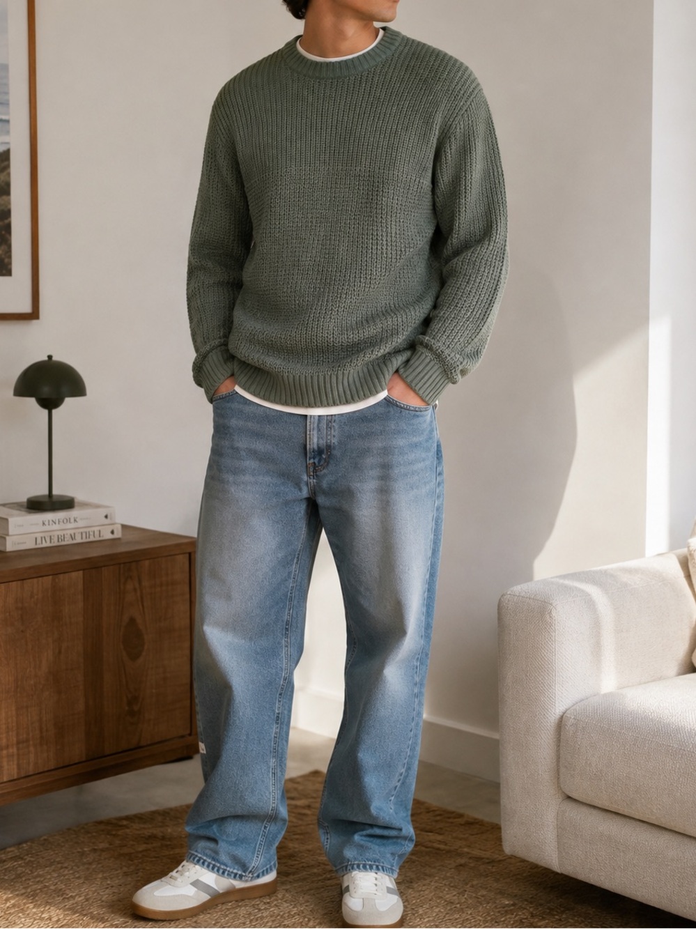 ONLY & SONS Adam Structured Crew Knit Sweater Sage Green Chunky Mens L